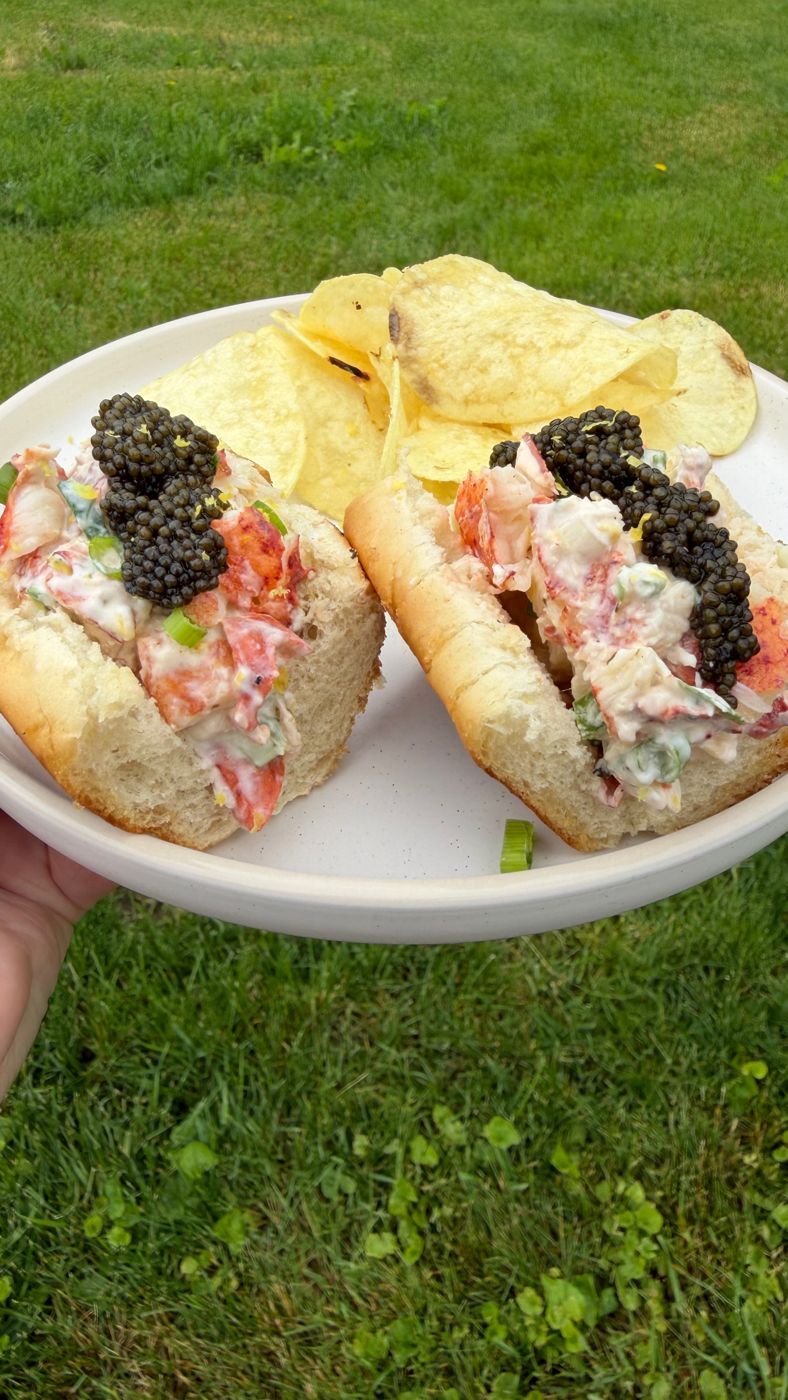Two East Coast lobster rolls piled with crème fraîche–dressed lobster and topped with caviar, on a plate with potato chips, held over green grass