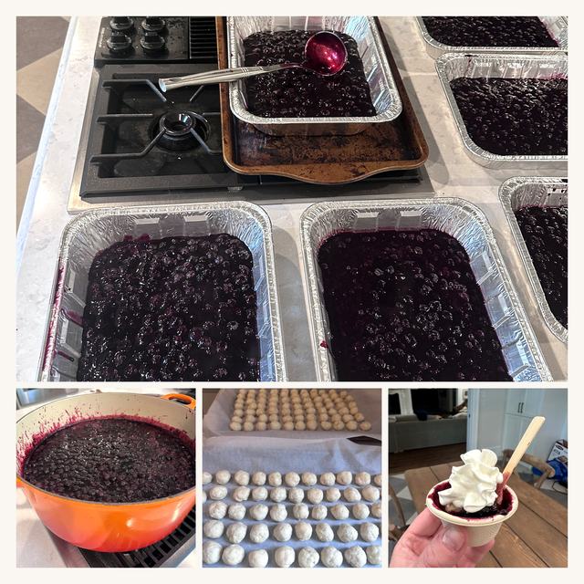 A collage of mini blueberry grunts in paper cups with whipped cream