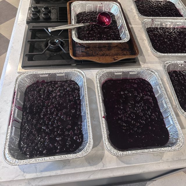 A kitchen counter covered in foil trays of blueberry filling