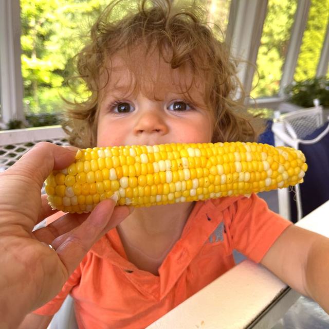 A curly-haired toddler in a coral shirt eating a cob of Ontario sweet corn on a screened porch